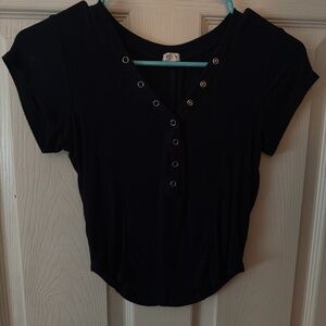 Garage navy blue Short Sleeve Top with Button Accents